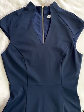 Neiman Marcus Navy Stretch A-Line Dress – Sculpted Seams – Mock Neck – Size S
